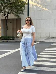 SHEIN Tall CURVE 大尺碼秋季休閒白色裙子度假夏威夷風 - 藍白色 - 查看 7