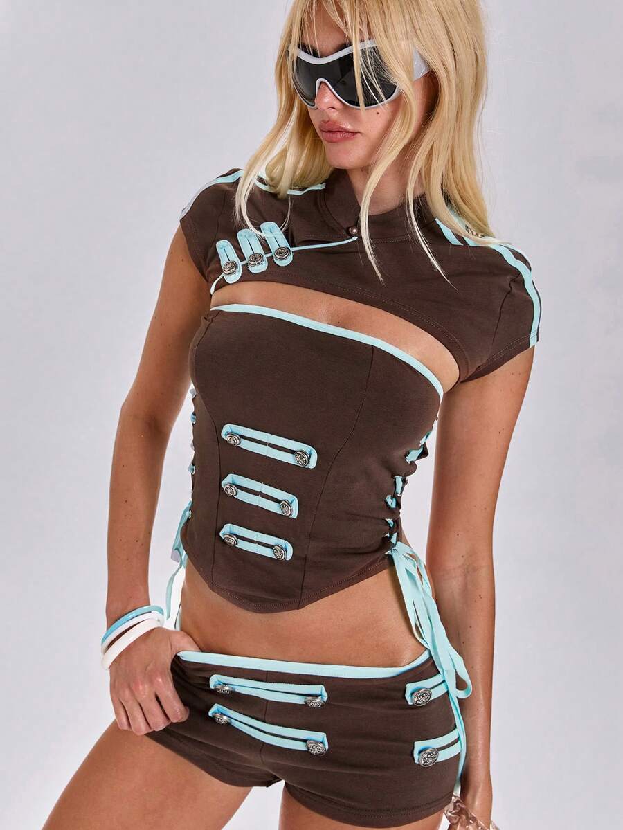 ACID BLVD Spring/Summer Y2K Hot Girl Sporty World Cup Outfit Napoleon Double-Breasted Button Decor Ultra Cropped Tank Top And Camisole 2pcs Set - Brown - View 1