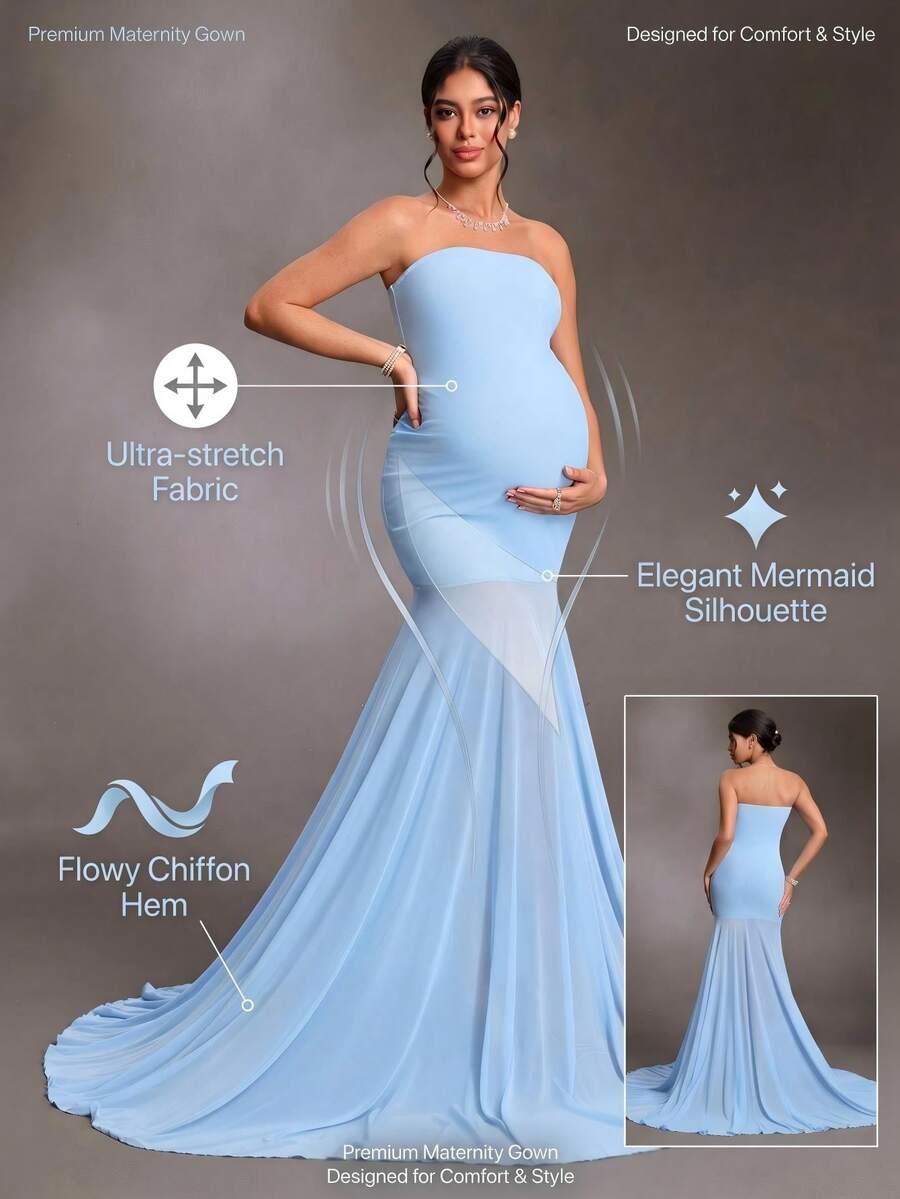 Cheriluna Maternity 女款時尚舒適無肩帶孕婦洋裝 - 淺藍色 - 查看 1