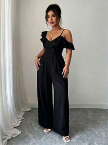 Selianne Mono de verano informal de talla grande con cuello asimétrico y volantes en unicolor - Negro - Ver 6