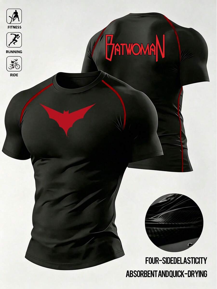 BATMAN X SHEIN Gym Rark 男士蝙蝠字母印花運動T恤 - 黑色 - 查看 1