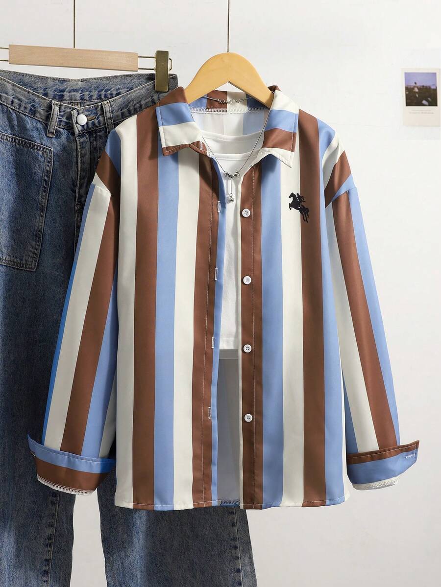 SHEIN 青少年女孩休閒返校風復古拼色直條紋前排扣領襯衫 - 彩色 - 查看 1