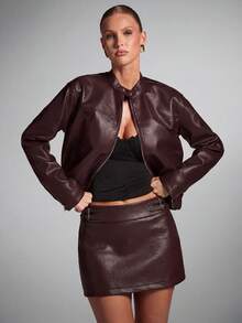 SHEIN BAE 女款深棕色荔枝紋皮革裙，適合舞蹈社交、音樂節、夜店、派對性感風格，秋冬季 - 酒紅色 - 查看 6