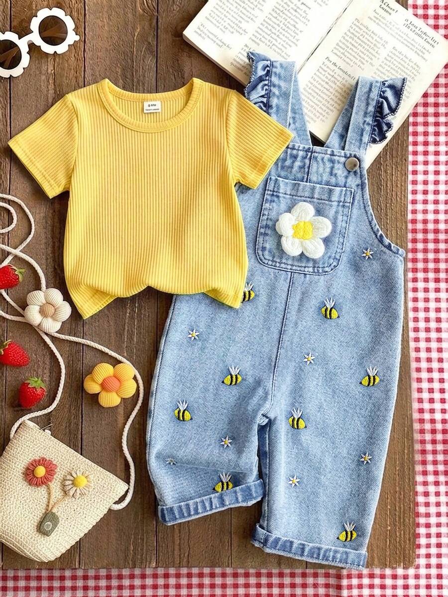 SHEIN Vintaside Kids 1件女嬰藍色牛仔休閒可愛刺繡花卉吊帶褲,適合外出、夏季度假與秋季穿著 - 藍色 - 查看 1