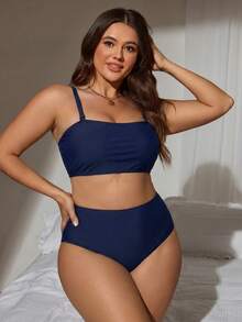 SHEIN Swim 2026夏季度假基本款極簡主義平口大尺碼女款泳衣套裝 - 藏蓝色 - 查看 4