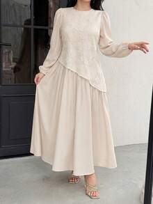 Feyla Plus Size Women's Jacquard Round Neck Pleated Casual Party Dress - Apricot - View 6