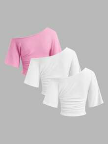 Sweetra Plus Size Women's Spring/Summer 3-Piece T-Shirt Set, Asymmetrical Shoulder Short Sleeve Asymmetrical Ruched Pleated Elegant Vintage Cute Vacation Casual Loungewear - Multicolor - View 2