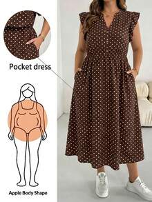 Shapeblank Brown Polka Dot Plus Size Women's Notch V-Neck Flutter Sleeve Elegant Dress - Multicolor - View 1