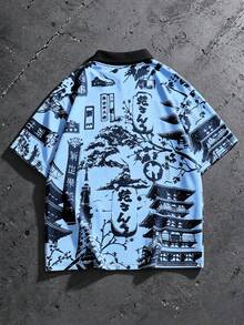 ROMWE MEN Anime Men's All-Over Print Colorblock Casual Short Sleeve Polo Shirt, Suitable For Spring And Summer - Blue - View 2