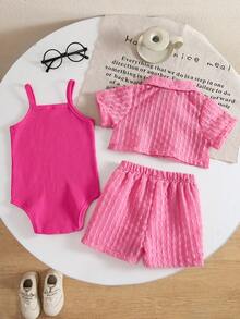 SHEIN Playful Pals 女嬰假日風紋理布料短袖上衣+短褲+吊帶連身衣3件套 - 玫紅色 - 查看 2