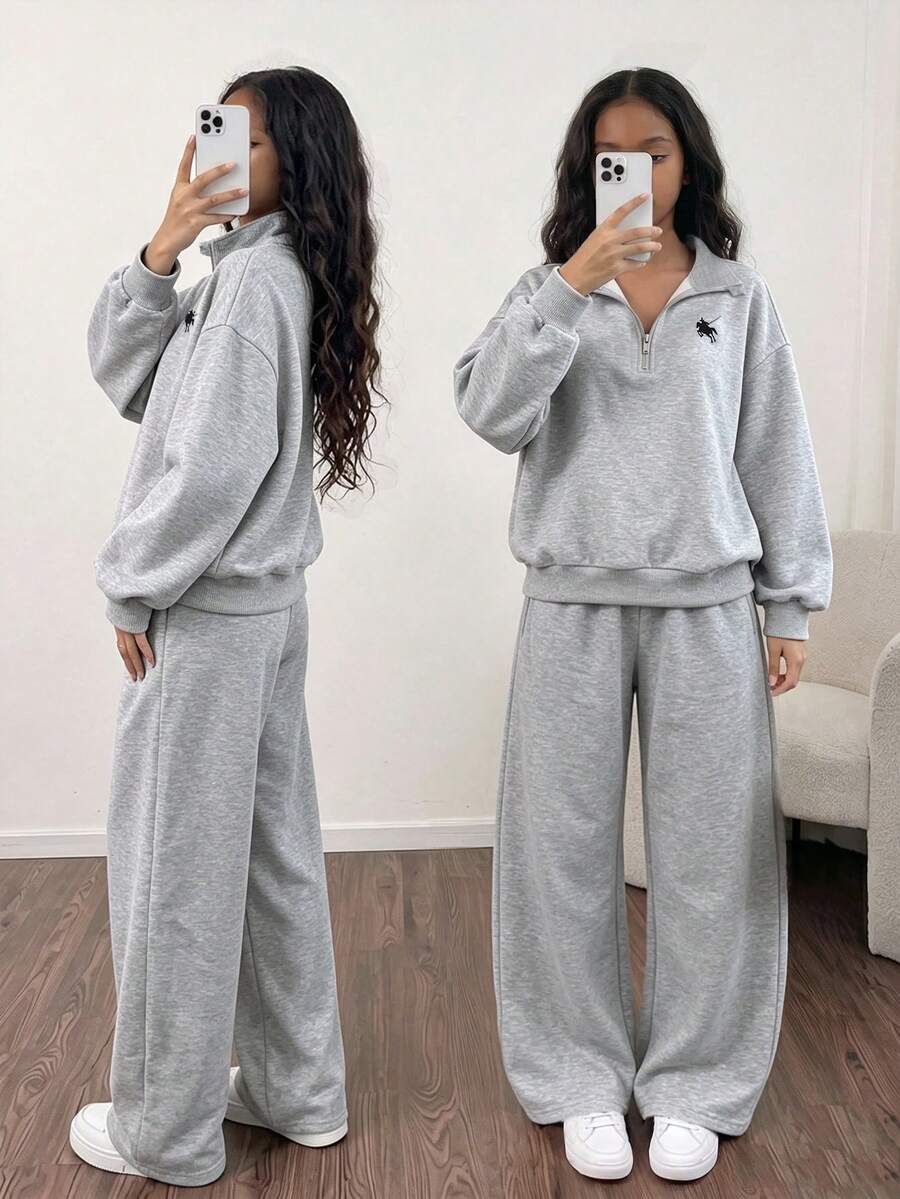 SHEIN 女童青少年半拉鍊寬鬆運動衫與休閒寬腿運動長褲套裝,寬鬆版型,返校穿搭,適合秋冬舒適穿著 - 灰色 - 查看 1
