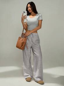 SHEIN PETITE 娇小女士粉色和白色休闲家居条纹长裤适合春夏季 - 彩色 - 查看 8