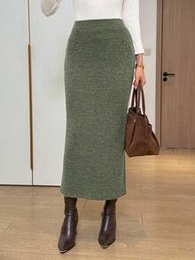 Easowa 秋冬款毛絨羅紋卡其色優雅長款女式裙 - 綠色 - 查看 2