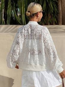 DAZY Women's Loose Lace Crew Neck Regular Jacket Day Party Rave White Summer Elegant - White - View 2