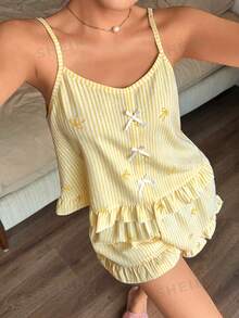 Napfluff Sweet Bow Decor Pink Striped Bow Print Cami Shorts Pajama Set - Yellow - View 3