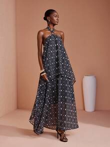 JIAN LASALA Gaun Maxi Wanita Motif Cetak Seluruh Permukaan dengan Tali Leher untuk Liburan Musim Panas Gaya Boho Elegan - MultiWarna - View 8
