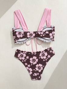 Swim Vcay 春夏女款甜美兩件式花卉隨機印花寬肩帶前綁三角比基尼泳衣套裝 - 彩色 - 查看 2