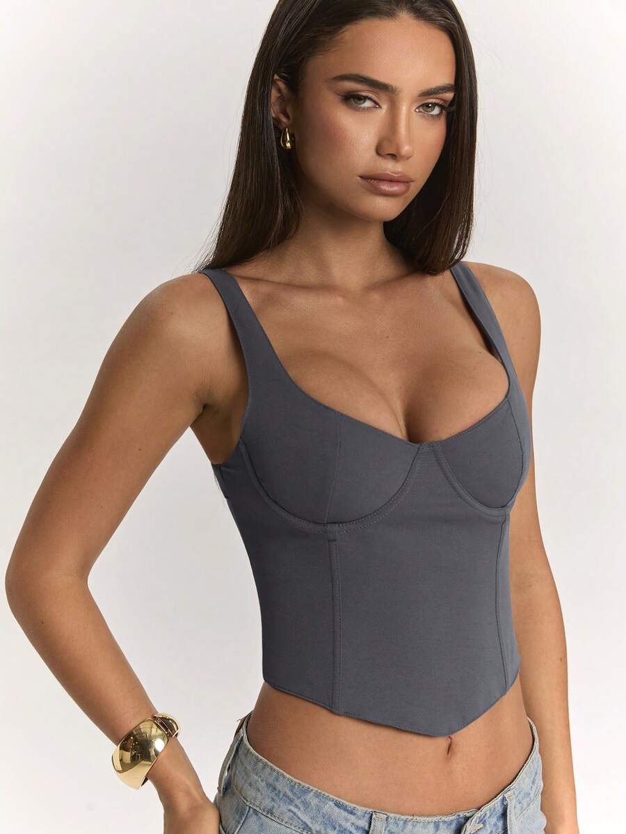 SHEIN BAE 女款純色短版修身休閒背心 - 深灰色 - 查看 1