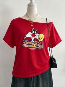 DrmWander LOONEY TUNES X SHEIN 大尺碼女款不對稱肩字母卡通印花休閒T恤 - 紅色 - 查看 1