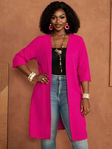 BrightlyHer Plus size enfärgad rosa lång cardigan med öppen front, 3/4-ärm, lätt, höst/vinter 2026 - Skrikrosa - Visa 4