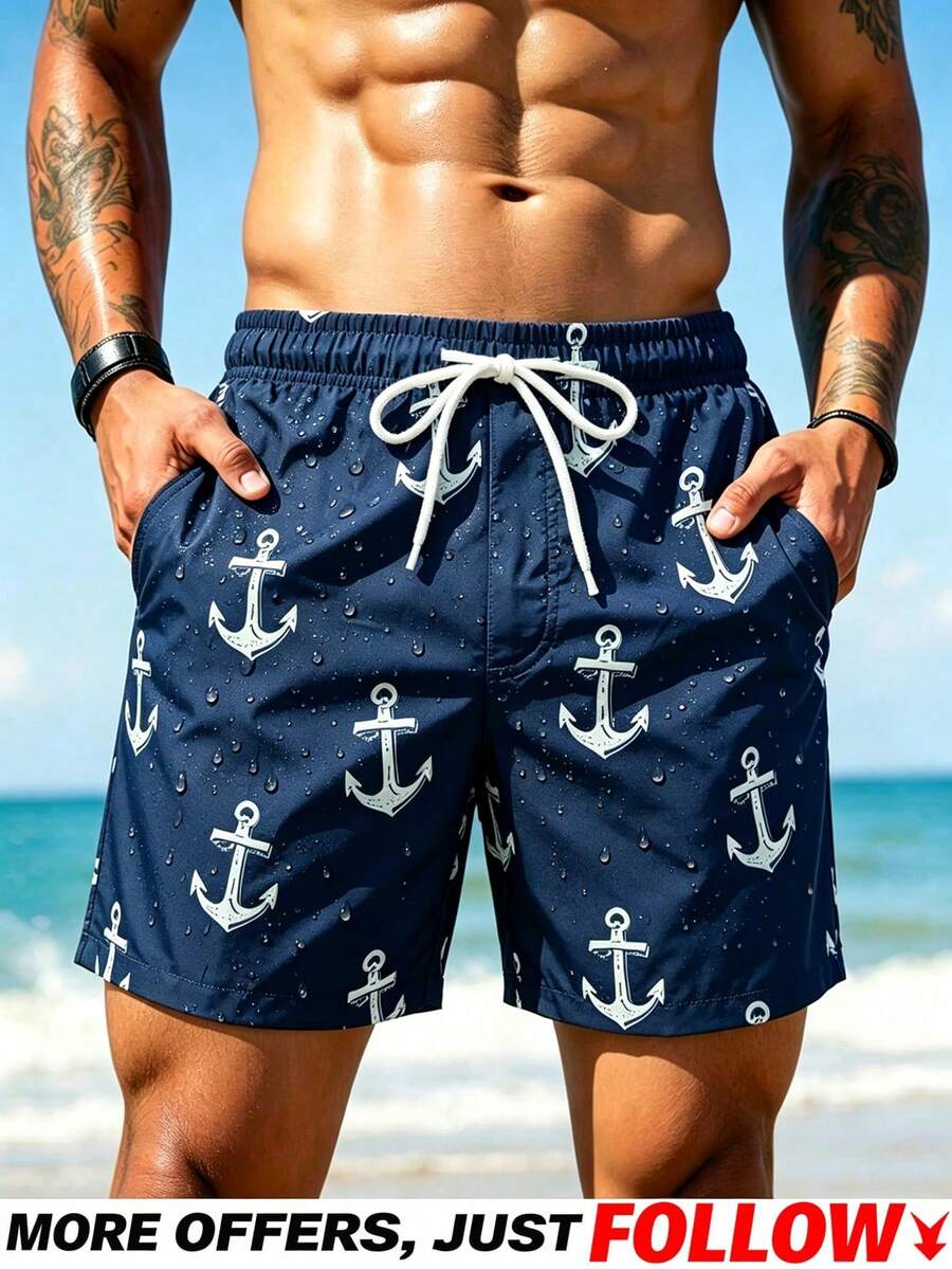 Manfinity Swimmode 夏季男士锚图案抽绳腰带口袋沙滩短裤,假日 - 藏蓝色 - 查看 1