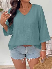 EMERY ROSE Plus Size Versatile Cotton Linen Textured V-Neck Floral Blouse Fall - Dusty Blue - View 3