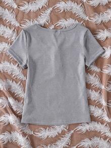 SHEIN Sparklyn 青少年女孩法式復古方領羅紋修身短袖T恤 - 淺灰色 - 查看 2
