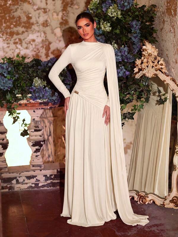Aureia Elegant Formal Glamorous Elastic Knit Metallic Pleated Decor Round Neck Long Sleeve A-Line Dress With Flutter Sleeves, Suitable For Party Evening
