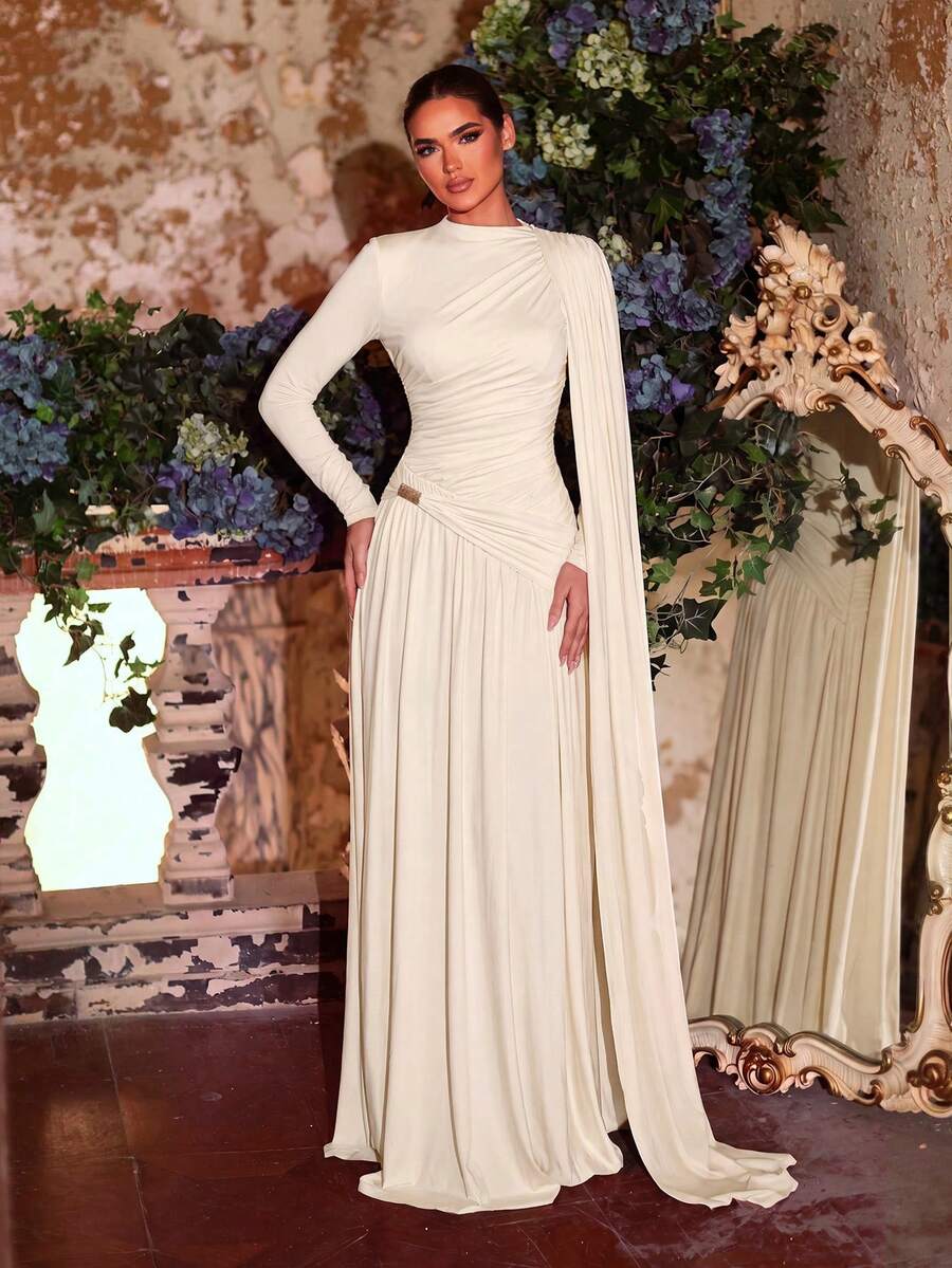 Aureia Elegant Formal Glamorous Elastic Knit Metallic Pleated Decor Round Neck Long Sleeve A-Line Dress With Flutter Sleeves, Suitable For Party Evening - Apricot - View 1