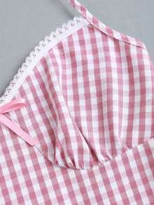 Sweetra Plaid Bow Decor Lace Trim Halter Neck Tie Strap Tank Top - Pink - View 4