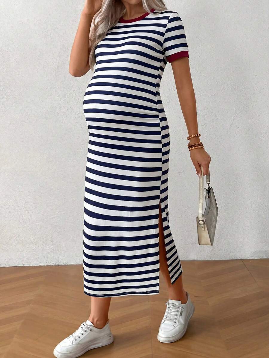 SHEIN 孕婦夏季休閒條紋側開衩洋裝 - 藍白色 - 查看 1