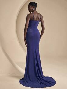 Coutiva Women's Elegant Rhinestone Pleated Ruffle Mermaid Hem Formal Evening Gown - Navy Blue - View 2