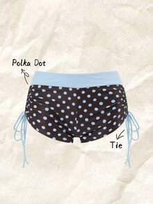 Elavelle Retro Coffee-Colored Polka Dot High-Waisted Swimwear For Women, Contrasting Light Blue, Wide Waistba - Multicolor - View 1
