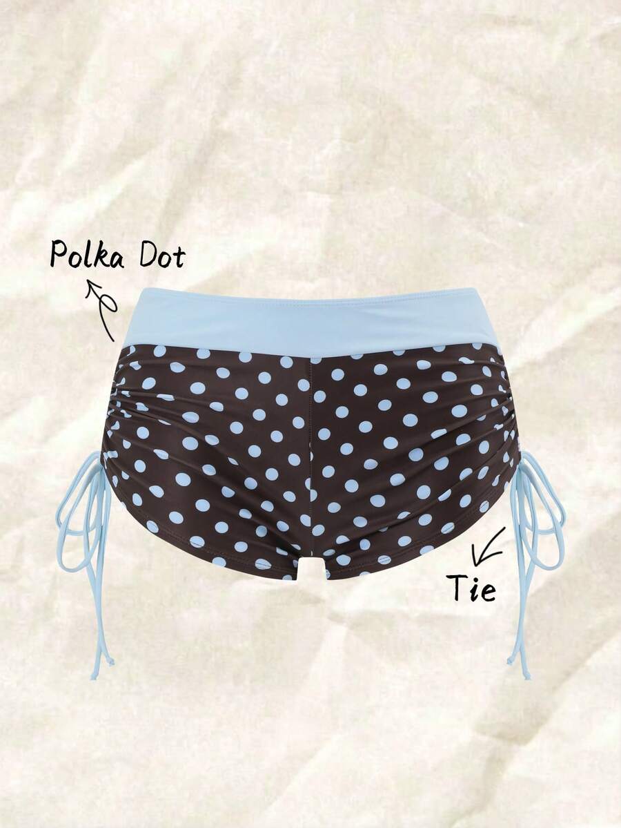 Elavelle Retro Coffee-Colored Polka Dot High-Waisted Swimwear For Women, Contrasting Light Blue, Wide Waistba - Multicolor - View 1