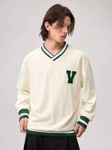 Aesthetic Post--Men's Casual Fashion Letter Flocking Loose V-Neck Sweatshirt Y2k Jersey Sweatshirt, For Tennis, For Fall, Long Sleeve Top - Apricot - View 4