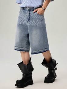 Pantalones cortos de mezclilla lavada con bordado para hombres, de moda - Azul - Ver 4