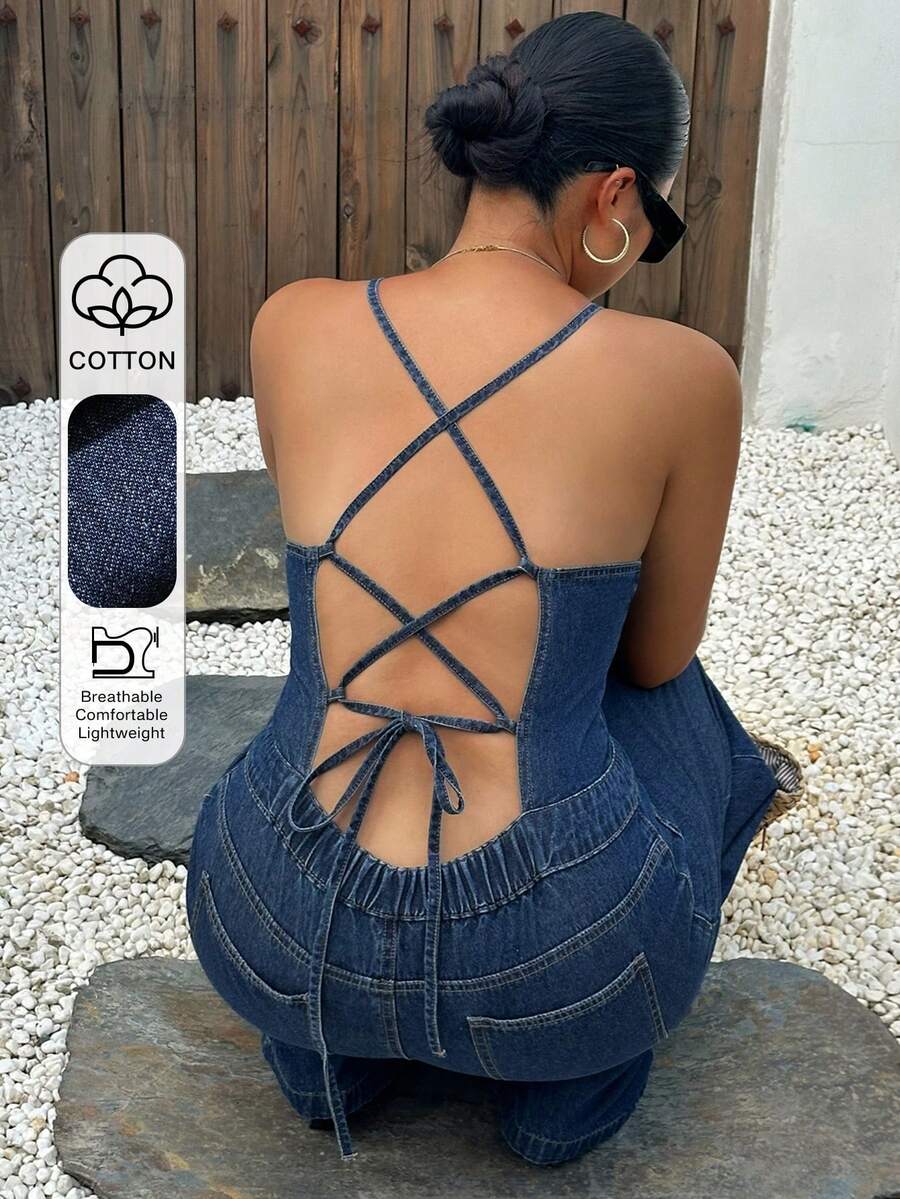 Dazy Plus Dark Wash Blue Stylish Western Denim Strapless Sleeveless Jumpsuit Spring Summer Vacation Style Casual Plus Size Women - Dark Wash - View 1