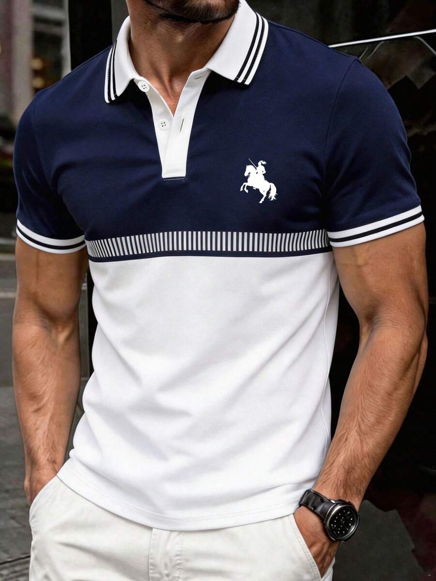 Manfinity Dauomo 男士夏季休閒 Polo 衫,標準尺寸,極簡黑白對比色,商務休閒風,日常通勤上衣 - 彩色 - 查看 1