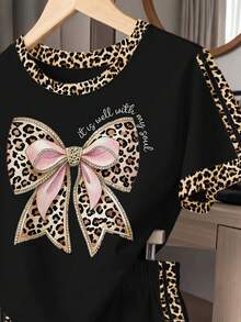 Vintage Sweet Leopard Print Bow Pattern, Pink Bow, Contrast Color Sporty Leopard Stripe, Chill Chill, Tween Girl Casual Minimalist Short Sleeve & Shorts 2-Piece Set For Summer - White - View 3