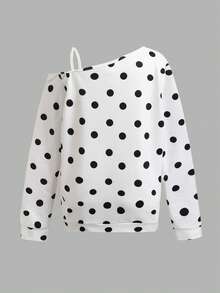 SHEIN 青少年女孩波點露肩休閒日常長袖秋季衛衣 - 白色 - 查看 9