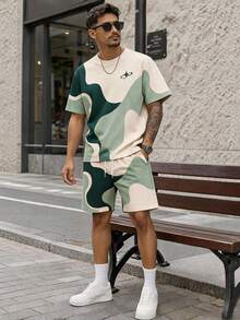Sorvial Men's Wave Print T-Shirt And Shorts Casual Set, Suitable For Summer - Green - View 8