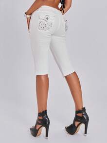 ROMWE Grunge Punk Summer Outfits Vintage Embroidered Rhinestone Sexy Y2K Ultra Low Waist White Tight Denim Shorts - White - View 7
