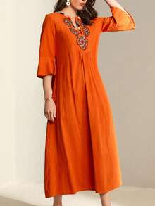 Al Najma Geo Embroidery Notched Neck Flounce Sleeve Smock Dress - Orange - View 5