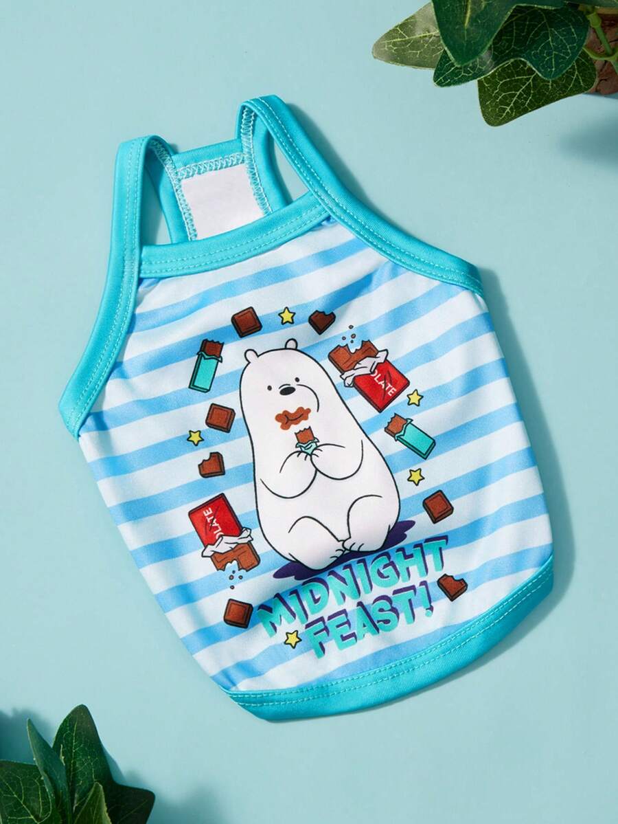 We Bare Bears X PETSIN 1件可愛白色小熊吃巧克力餅乾星星字母寵物背帶背心條紋休閒風無袖柔軟透氣防毛寵物衣服 - 彩色 - 查看 1