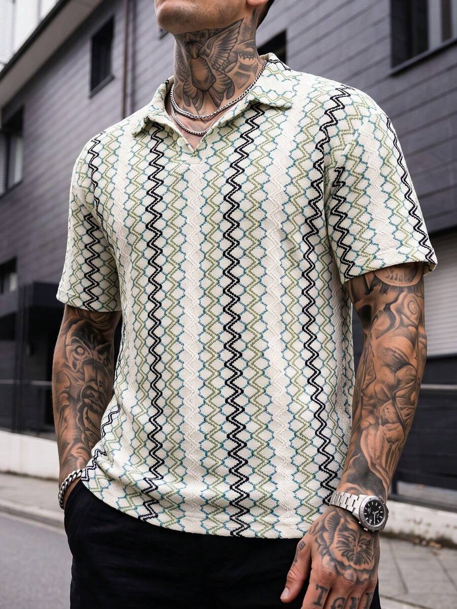 Manfinity CasualCool Men's Geometric Pattern Short Sleeve Mature Casual Fashion Polo Shirt - Multicolor - View 1
