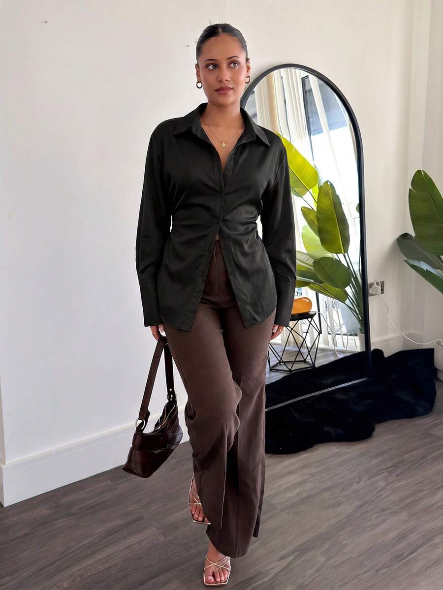leahseptember Women's Black Autumn Elegant Button Front Tie Back Waist Cinched Chic Shirt,Seksi Chic Night Out Tops,Spring Break Commuting Back To School Casual