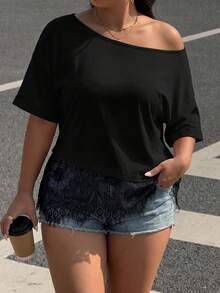 CovetEZ 大码女式休闲基本款简约撞色蕾丝不对称下摆短袖T恤 - 黑色 - 查看 5