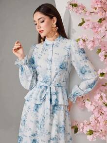 Modelyn Setelan 2 Potong Blus dan Rok Motif Bunga Elegan untuk Wanita - Biru - View 4