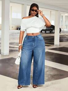 Slaydiva Plus Size Women's All Season Split Rivet Pocket Dark Blue Denim Jeans - Dark Wash - View 5