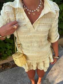 Siren Gaze Women's Solid Color Frill Trim Short Sleeve Top And Ruffle Skort 2-Piece Set - Light Yellow - View 3